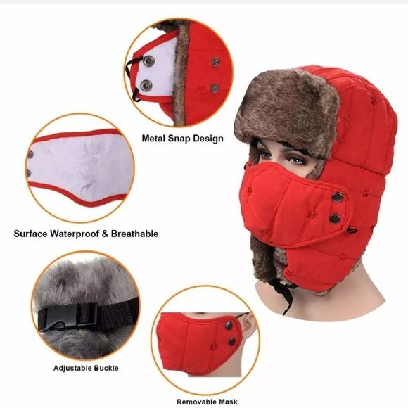 Windproof Men Women Warm Trapper Hat Winter Russian Hats with Mask Ushanka Hat - Picture 6 of 9
